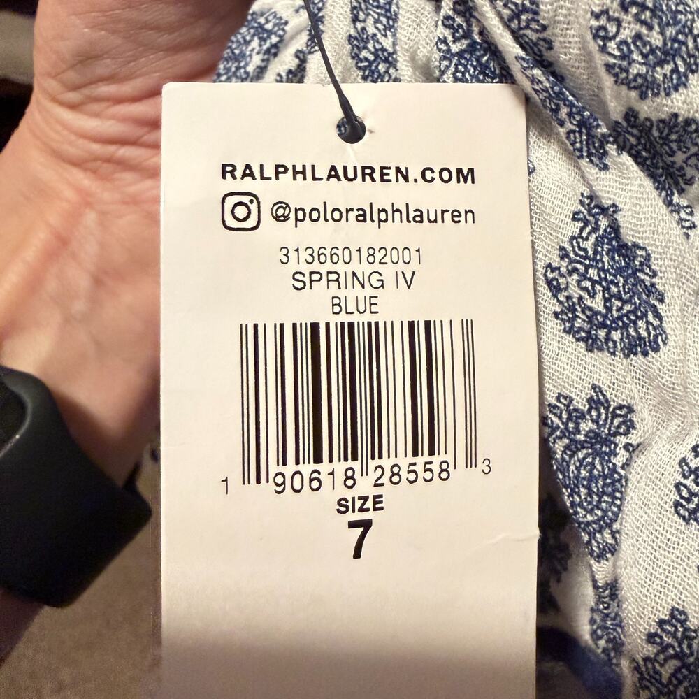 Polo Ralph Lauren Girl 7 Blue White Paisley Print Ruffle Shoulder Midi Sundress - Picture 3 of 13
